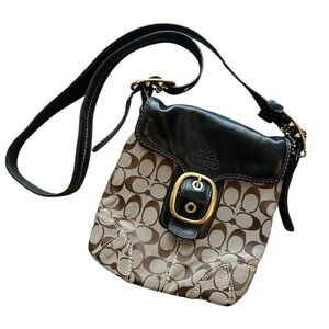 Coach Bleeker Black Leather Signature Tan Canvas Shoulder Bag Buckle Crossbody